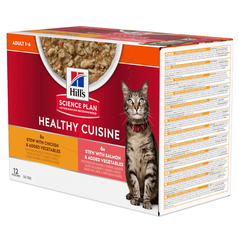 Hills Science Plan - Adult Healthy Cuisine Chicken, Salmon & Vegetables 12 x 80g - Katt - Helse og pels - Kosttilskudd - Våtfôr - Dyrekassen.no