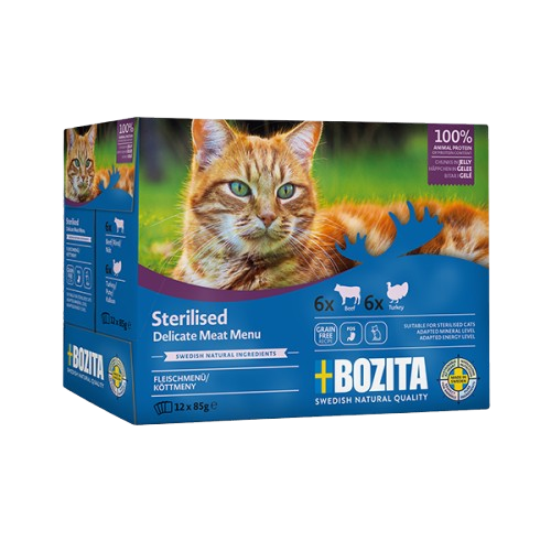 Bozita Katt - Innendørs & Sterilisert med reinkjøtt i gelé 12 x 85g - Katt - Helse og pels - Kosttilskudd - Våtfôr - Dyrekassen.no