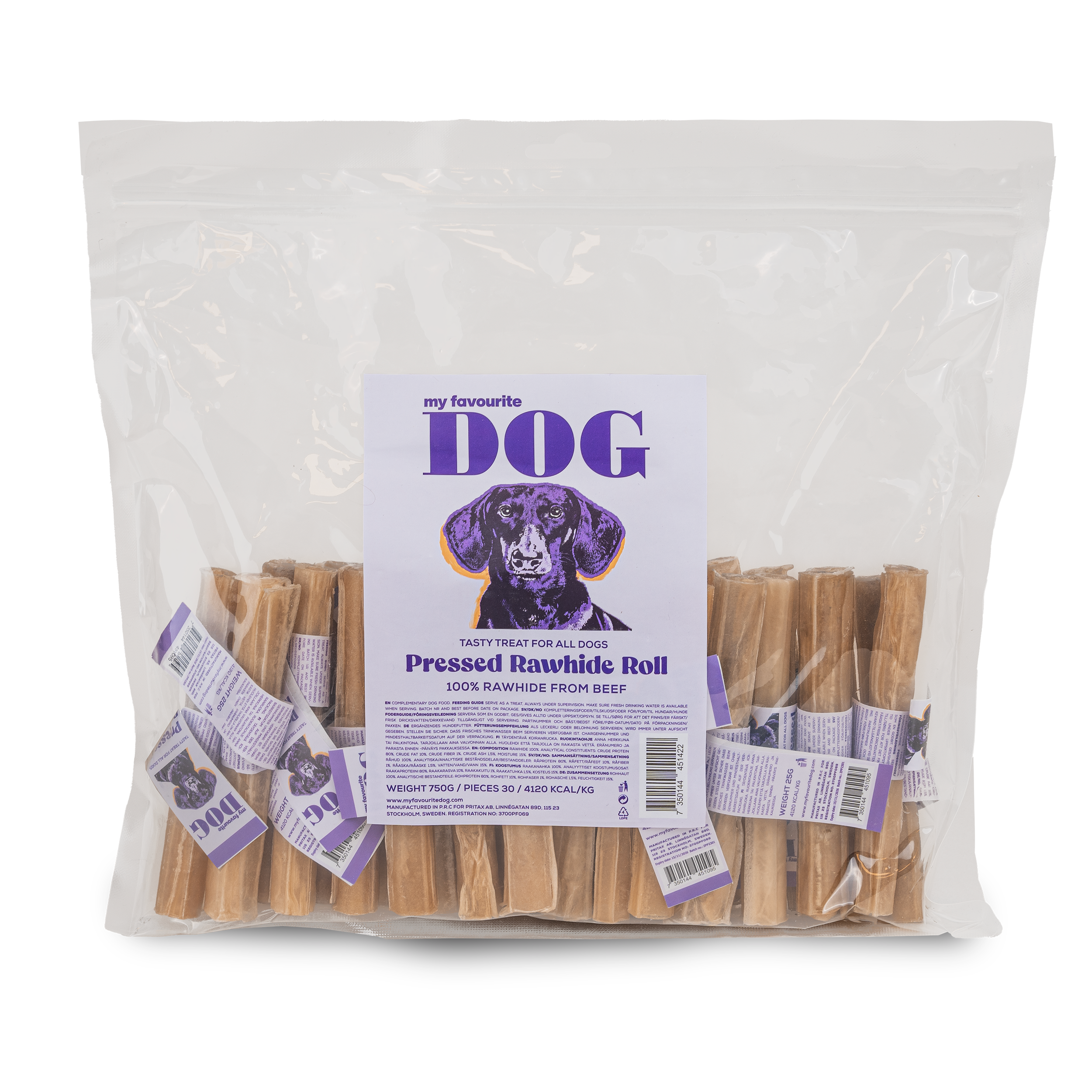 Presset tyggerull av råhud - Natural 12 cm, 30-pakning