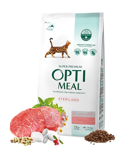 Optimeal - Complete dry pet food for sterilised cats - high in beef and sorghum 1,5 kg - Katt - Helse og pels - Kosttilskudd - Tørrfôr - Dyrekassen.no
