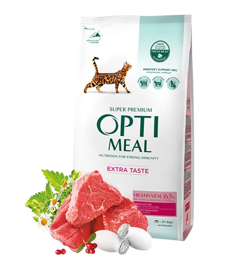 Optimeal - Complete dry pet food for adult cats high in veal 1,5 kg - Katt - Helse og pels - Kosttilskudd - Tørrfôr - Dyrekassen.no