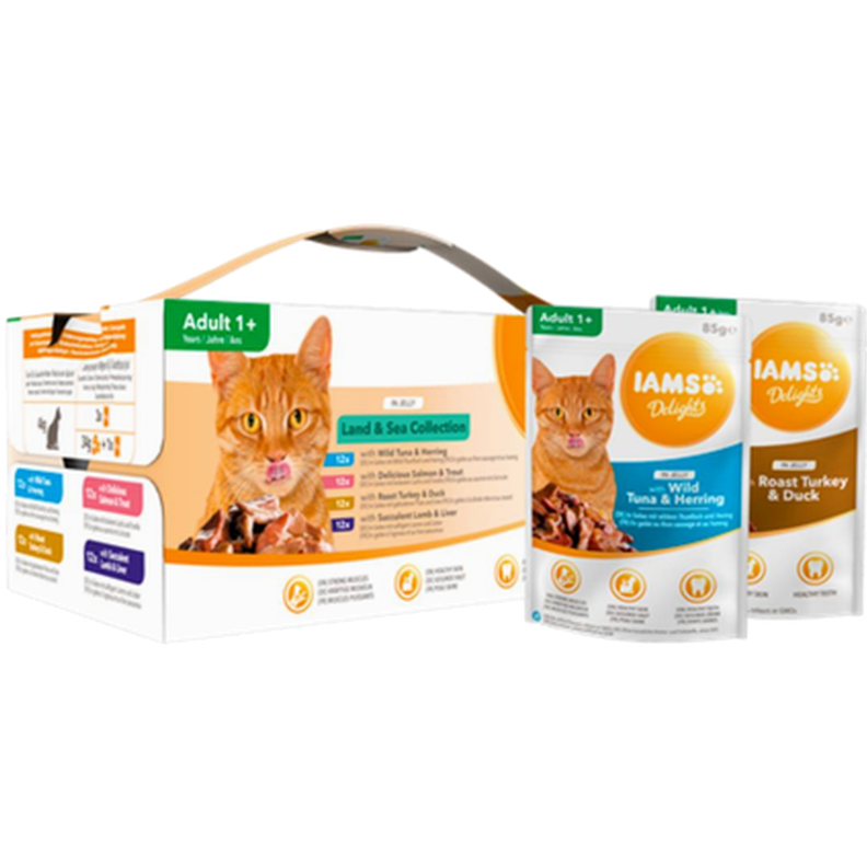 Iams - Delights Multipack Land & Sea Jelly 48 x 85 g - Katt - Helse og pels - Kosttilskudd - Våtfôr - Dyrekassen.no