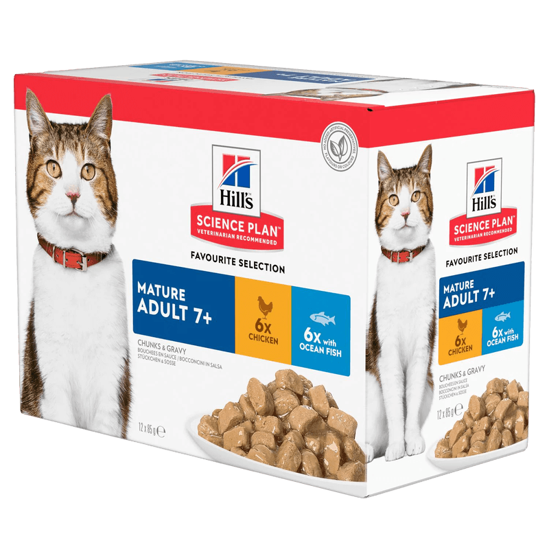 Hills Science Plan - Mature Chicken & Ocean Fish 85 g x 12 - Katt - Helse og pels - Kosttilskudd - Våtfôr - Dyrekassen.no