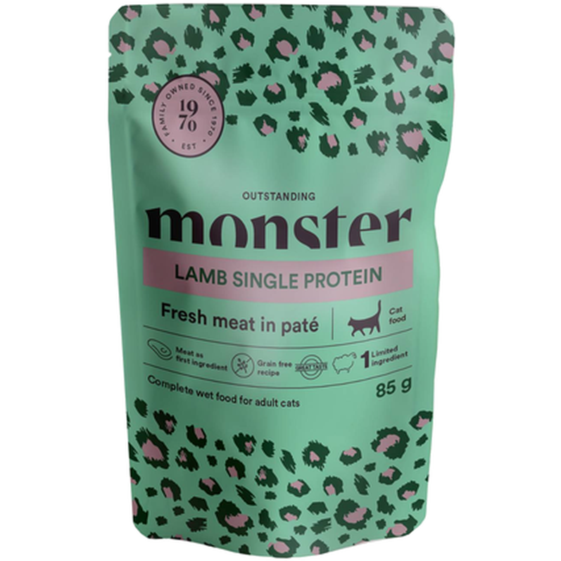 Monster Pet Food Cat Pouches Adult Lam 85 g x 8 stk - porsjonsposer