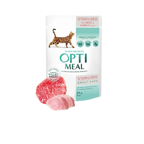 Optimeal Sterilised Cats With Beef And Turkey Fillet In Jelly 12 x 85 g