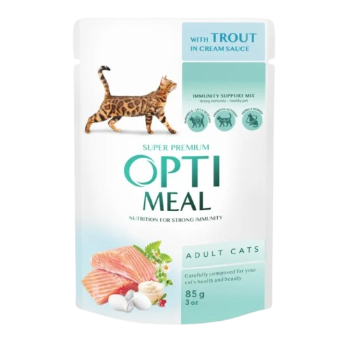 Optimeal - Сanned Pet Food For Adult Cats With Trout In Cream Sauce 12 x 85 g - Katt - Helse og pels - Kosttilskudd - Våtfôr - Dyrekassen.no