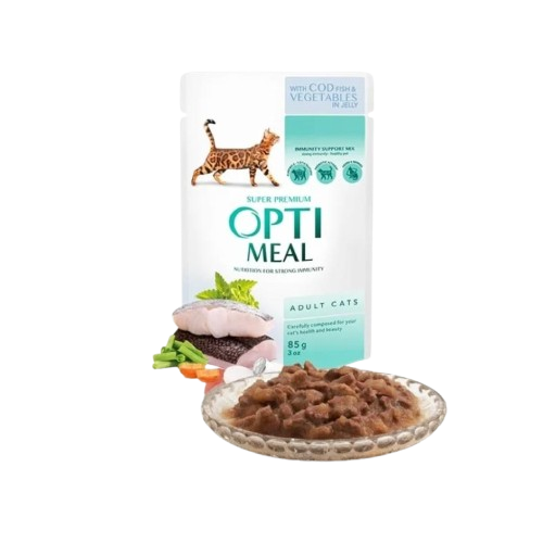 Optimeal - Adult & Senior Codfish And Veggies Våtfôr Til Katt 12 x 85 g - Katt - Helse og pels - Kosttilskudd - Våtfôr - Dyrekassen.no