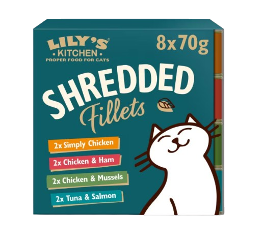LILYS KITCHEN - Cat Shredded Fillets Tins Multipack 8 x 70 g - Katt - Helse og pels - Kosttilskudd - Våtfôr - Dyrekassen.no