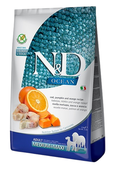 Farmina - N&D Dog Ocean Codfish Pumpkin & Orange Adult Medium/Large 2,5 kg - Hund - Hundefôr - Dyrekassen.no