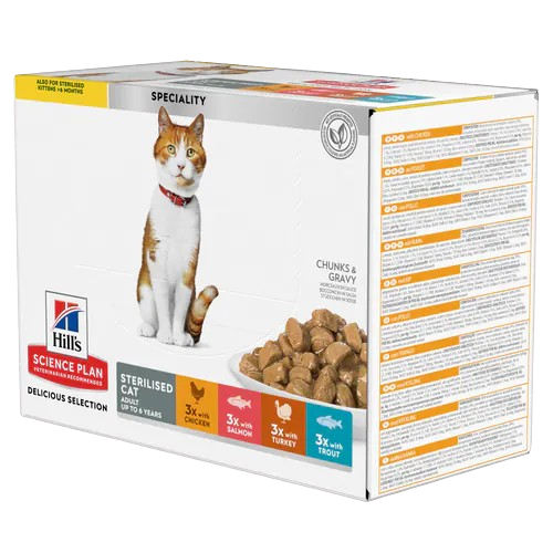 Hills Science Plan - Feline Young Sterilised Ch/Sa/Tr/T Pouch 12x85 g - Katt - Helse og pels - Kosttilskudd - Våtfôr - Dyrekassen.no