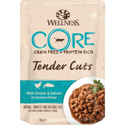 CORE Petfood - Cat Adult Tender Cuts kylling og laks i velsmakende saus våt 8 x 85 g - Katt - Helse og pels - Kosttilskudd - Våtfôr - Dyrekassen.no