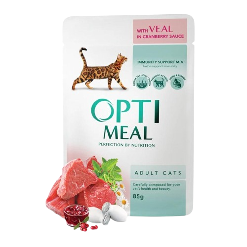 Optimeal - Adult & Senior Veal & Cranberry Våtfôr Til Katt 12 x 85 g - Katt - Helse og pels - Kosttilskudd - Våtfôr - Dyrekassen.no