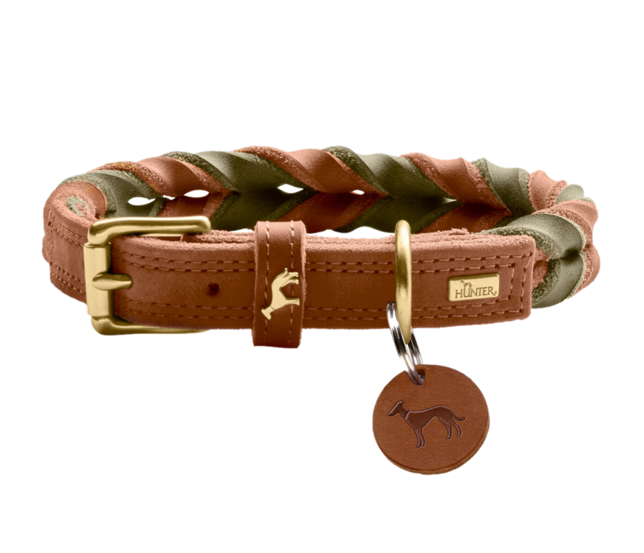Hunter - Dog Collar Solid Education Duo Cow Leather Cognac/Olive Green M-L 60cm - Hund - Hundebur - Hundehalsbånd - Dyrekassen.no