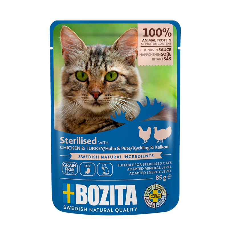 Bozita Katt - Sterilisert kylling og kalkun i saus 85 g - Katt - Helse og pels - Kosttilskudd - Våtfôr - Dyrekassen.no