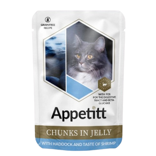 Kolje og reke i gele våtfôr til katt