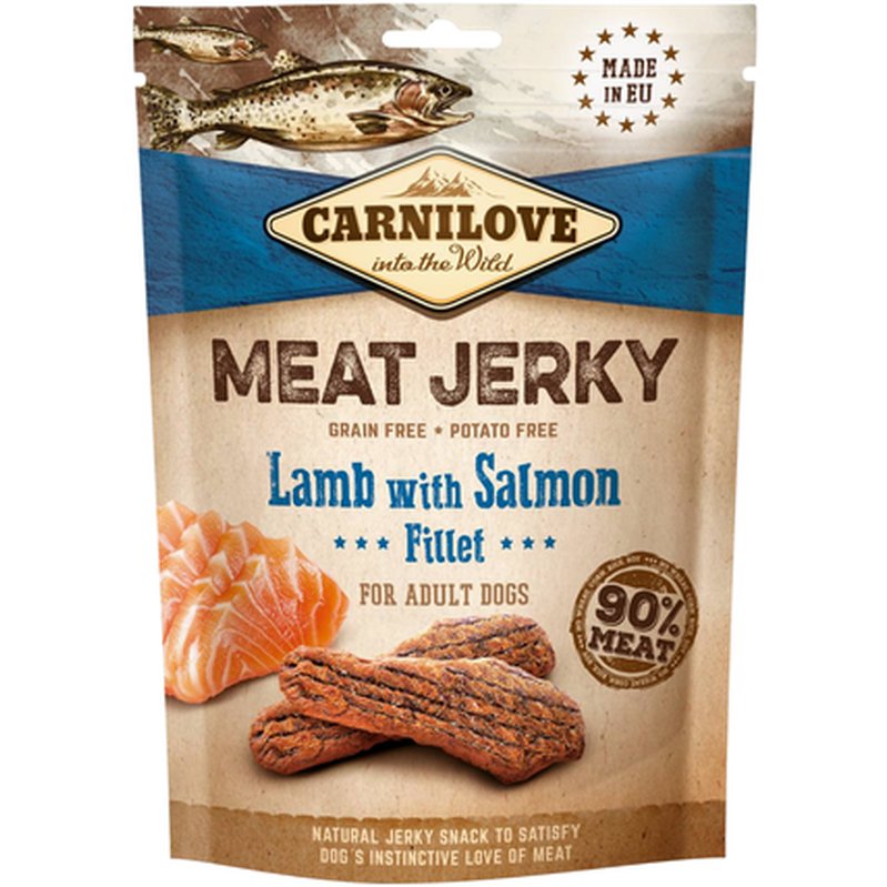 Carnilove - Tørket lammekjøtt med laksefilet 100 g - Hund - Hundegodteri - Dyrekassen.no