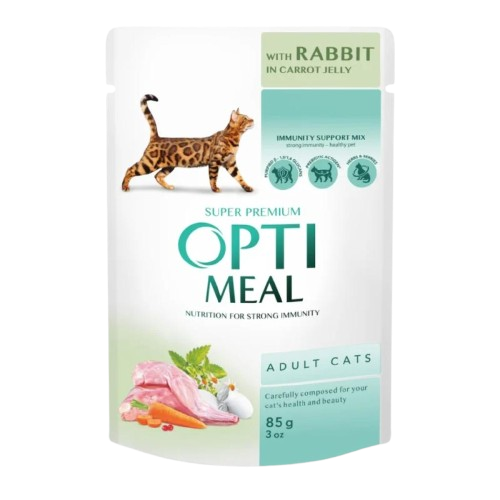 Optimeal - Adult Cats With Rabbit In Carrot Jelly 12 x 85 g - Katt - Helse og pels - Kosttilskudd - Våtfôr - Dyrekassen.no
