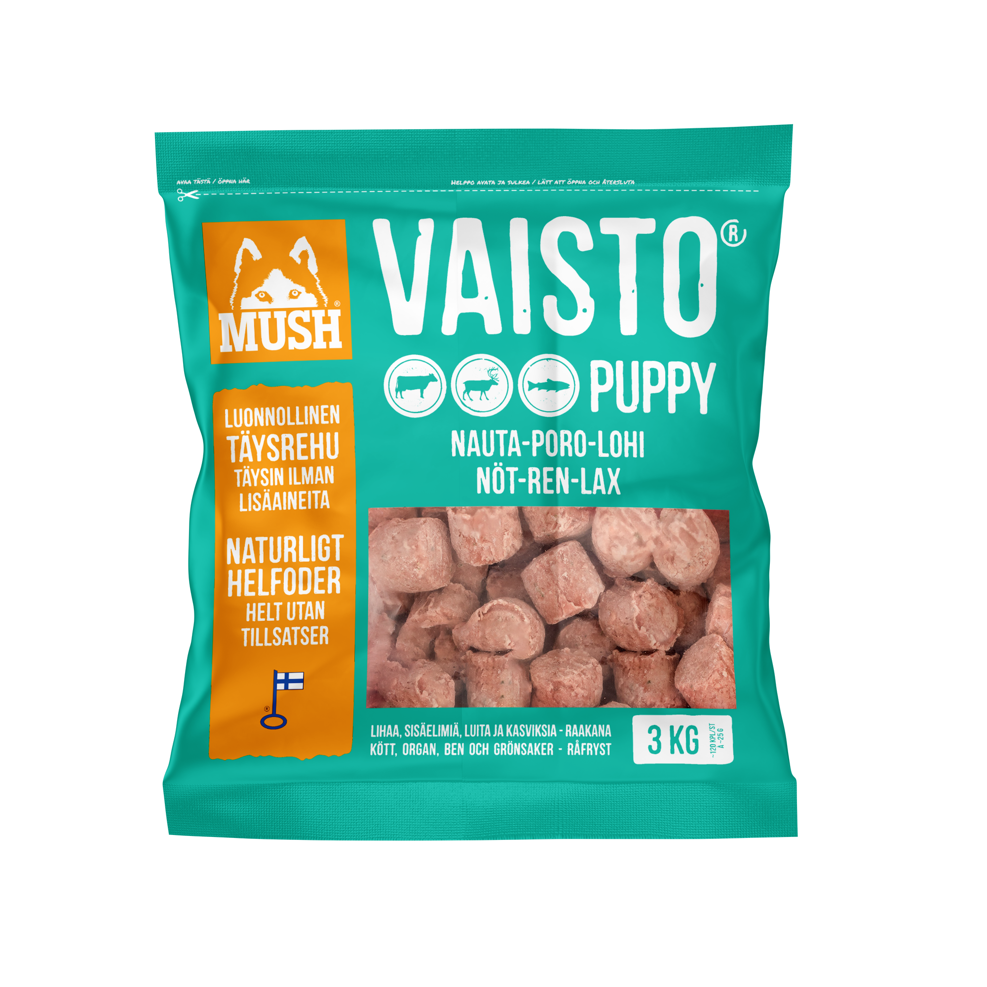 Mush Vaisto Puppy Nöt-Ren-Lax Isblå 3 kg - Köttbullar