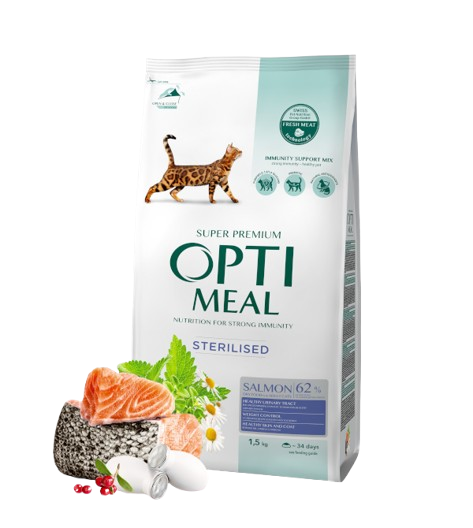 Optimeal - Complete dry pet food for sterilised cats - SALMON, 1,5 kg - Katt - Helse og pels - Kosttilskudd - Tørrfôr - Dyrekassen.no