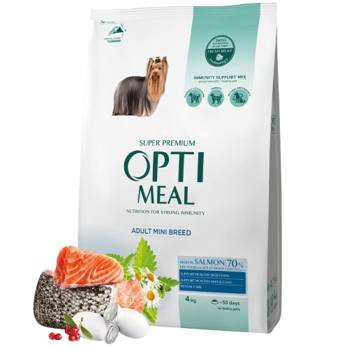 Complete dry pet food for adult dogs of miniature breeds high in salmon