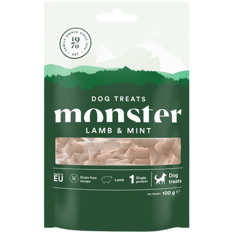 Monster Pet Food Hundegodbiter til alle raser med lam og mynte 100 g