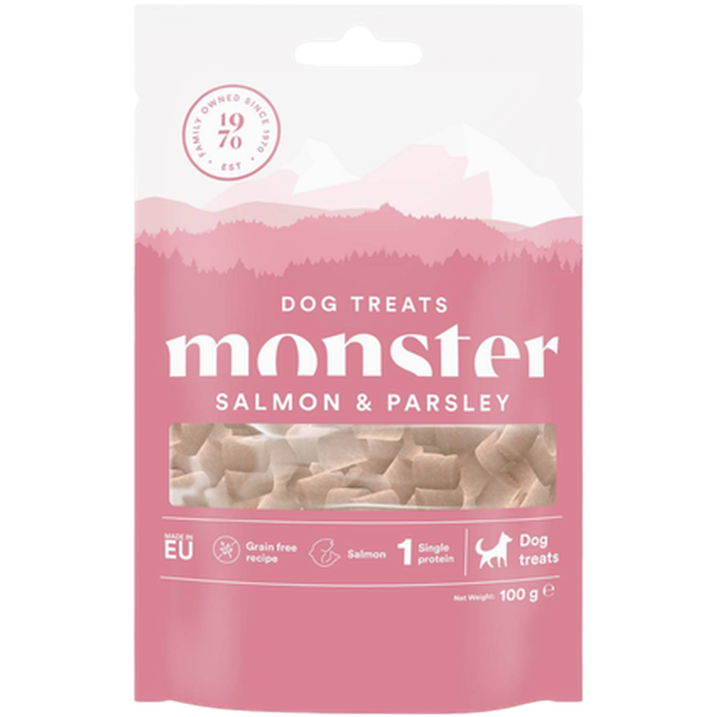 Monster Pet Food Hundegodbiter til alle raser med laks og persille 100 g