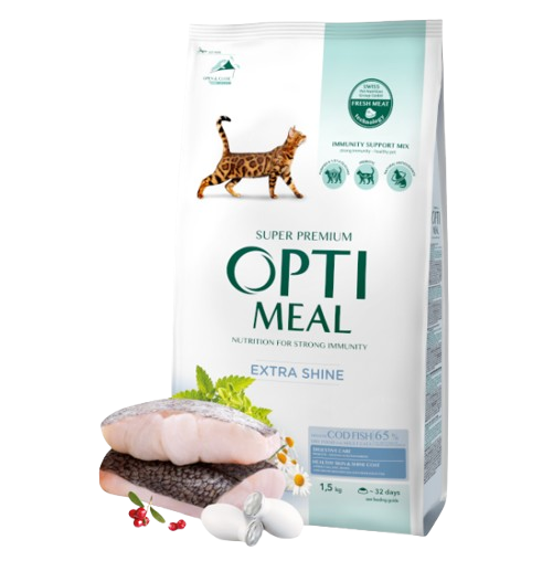 Optimeal - Complete dry pet food for adult cats high in cod fish, 1,5 kg - Katt - Helse og pels - Kosttilskudd - Tørrfôr - Dyrekassen.no