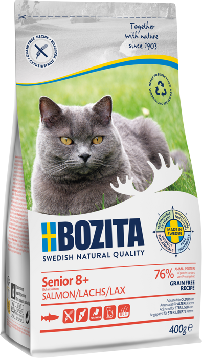 Bozita Katt - Senior 8+ Kornfri laks 400 g - Katt - Helse og pels - Kosttilskudd - Tørrfôr - Dyrekassen.no