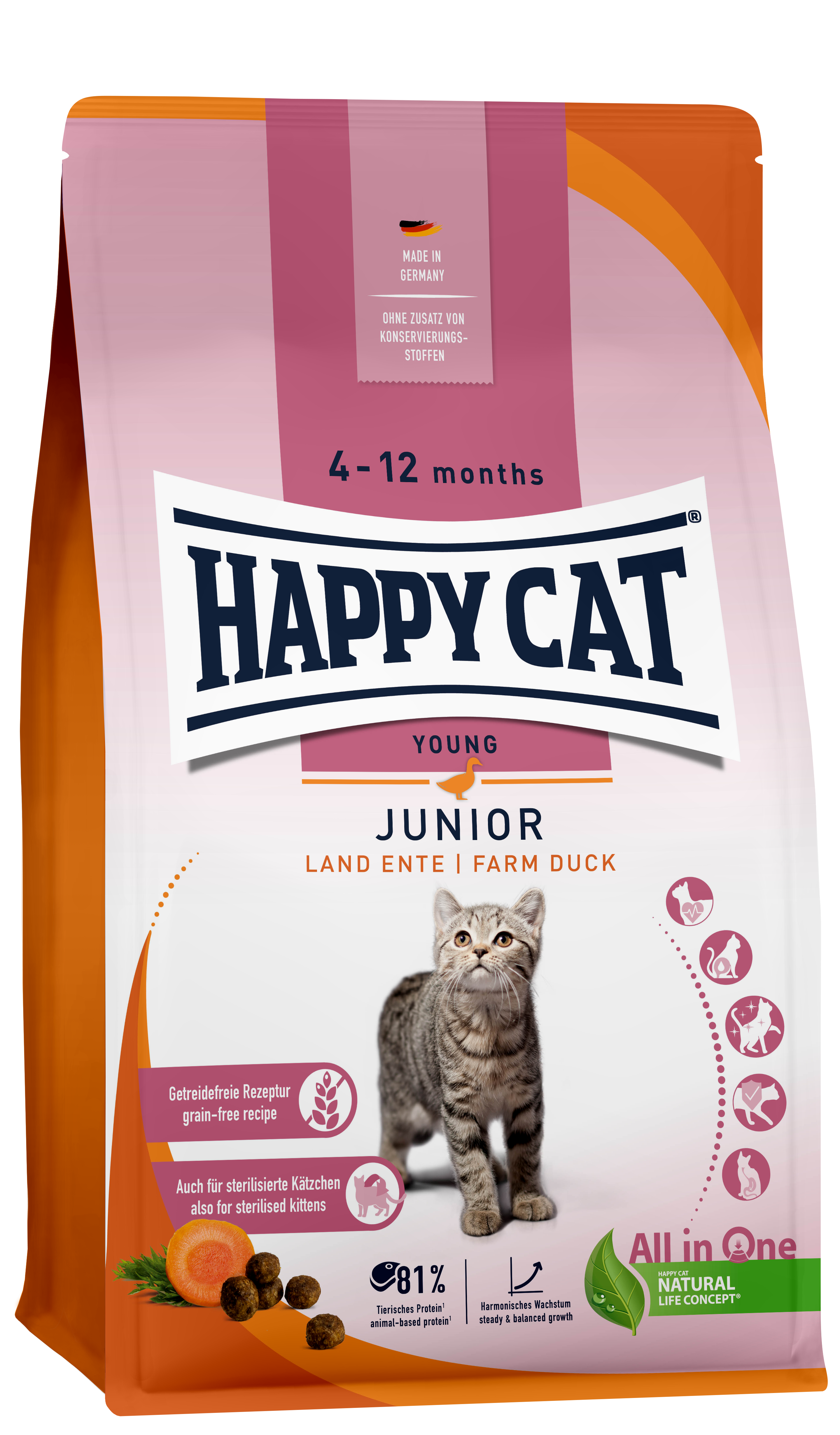 Happy Cat - Junior Grain Free Duck Pink 1,3 kg - Katt - Helse og pels - Kosttilskudd - Tørrfôr - Dyrekassen.no