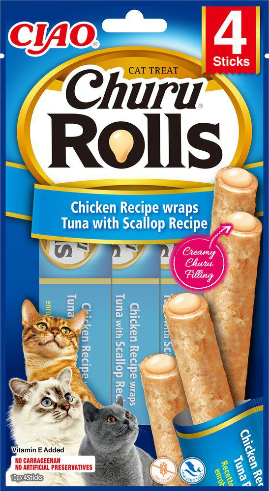 Churu - Cat Rolls kylling-/tunfiskwrap med kamskjell, 4-pk. - Katt - Helse og pels - Hygiene - Godbiter - Dyrekassen.no