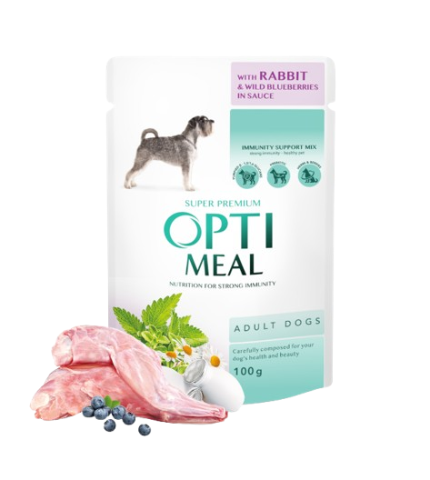Optimeal - Сanned Pet Food For Adult Dogs with Rabbit and Wild Blueberries In Sauce 12 x 100 g - Hund - Våtfôr - Dyrekassen.no