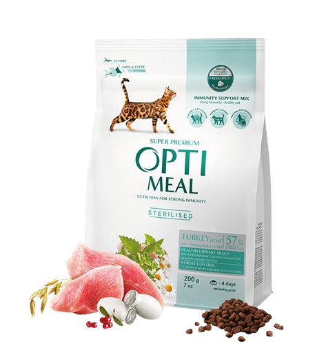 Optimeal - Complete dry pet food for sterilised cats - turkey and oat 1,5 kg - Katt - Helse og pels - Kosttilskudd - Tørrfôr - Dyrekassen.no