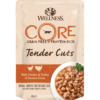 CORE Petfood - Cat Adult Tender Cuts Kylling og kalkun 8 x 85 g - Katt - Helse og pels - Kosttilskudd - Våtfôr - Dyrekassen.no