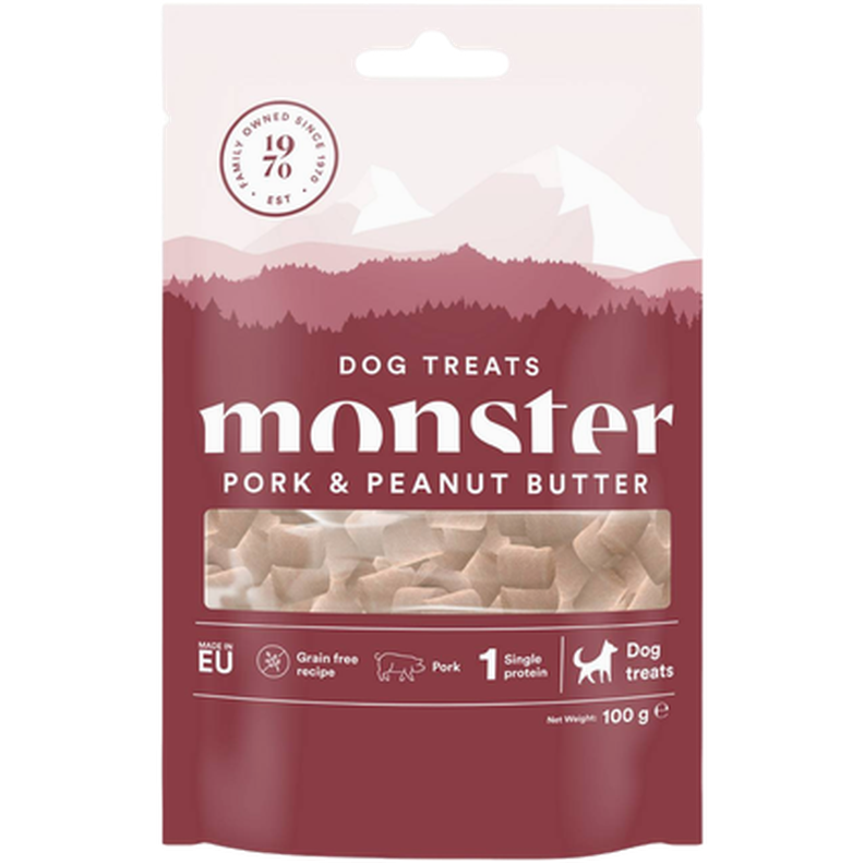 Monster Pet Food Hundegodbiter til alle raser med svinekjøtt og peanøttsmør 100 g