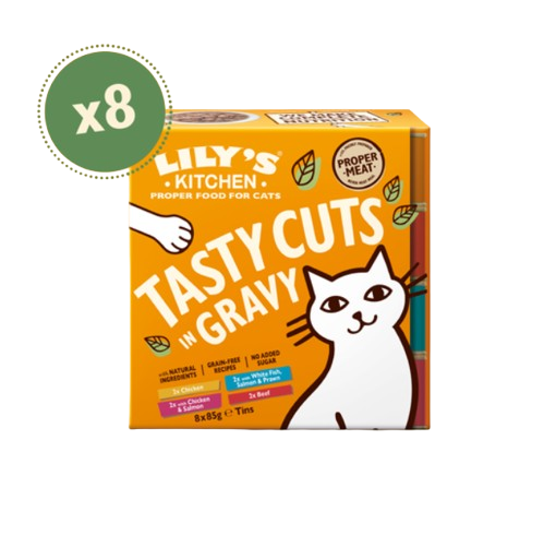 LILYS KITCHEN - Cat Tasty Cuts In Gravy Tins Multipack 8 x 85 g - Katt - Helse og pels - Kosttilskudd - Våtfôr - Dyrekassen.no