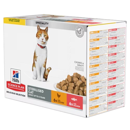 Hills Science Plan - Young Adult Sterilised Chicken Salmon Pouch - Wet Cat Food 48 x 85 g - Katt - Helse og pels - Kosttilskudd - Våtfôr -